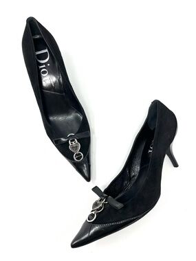 Vintage Vtg Dior Galliano Y2K Black Bow Heart Charm Kitten Heel Heels Pumps 39 9